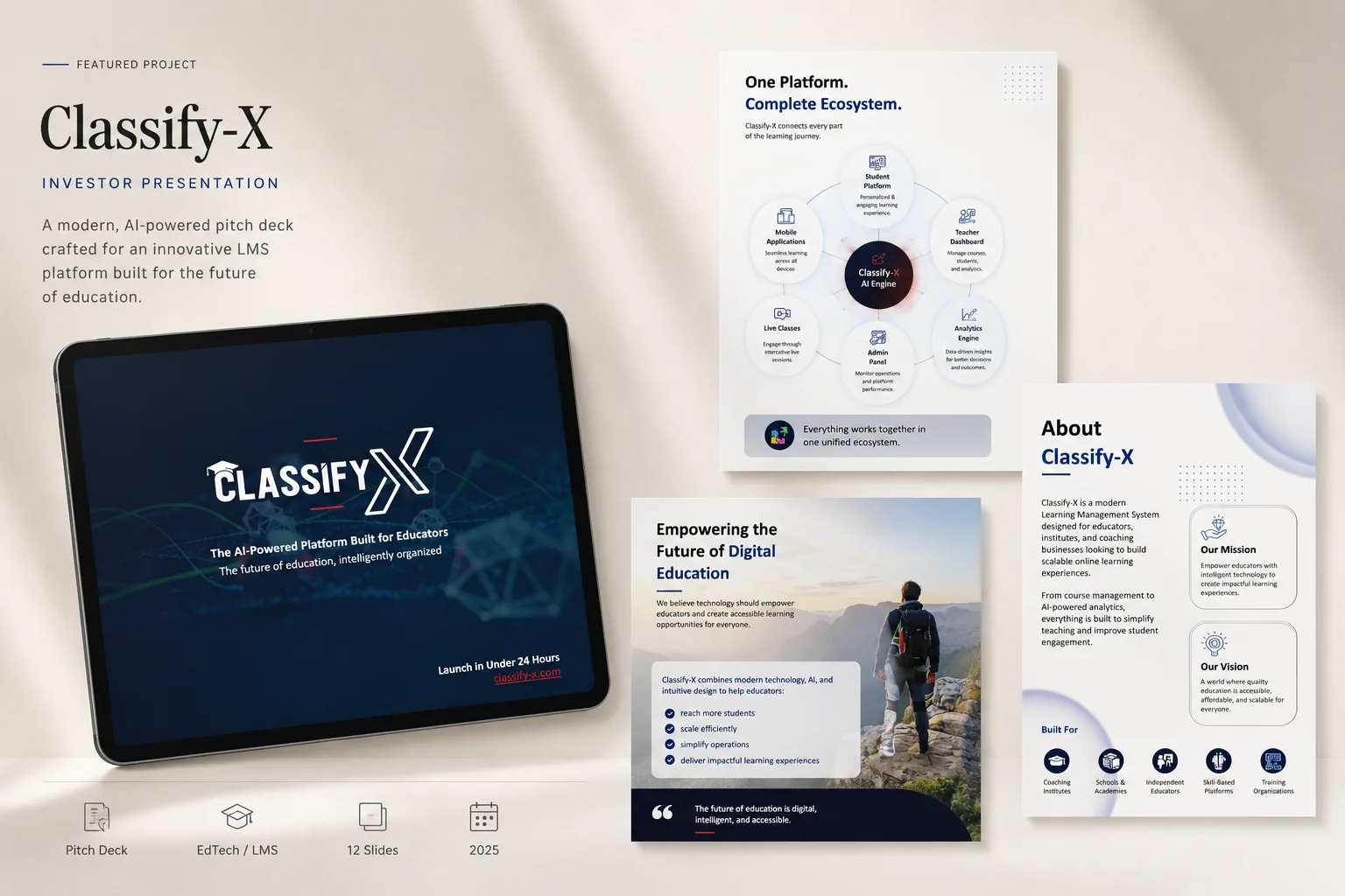 Classify-X presentation: dark title slide on a tablet beside an ecosystem diagram slide, a mission slide and an about slide.