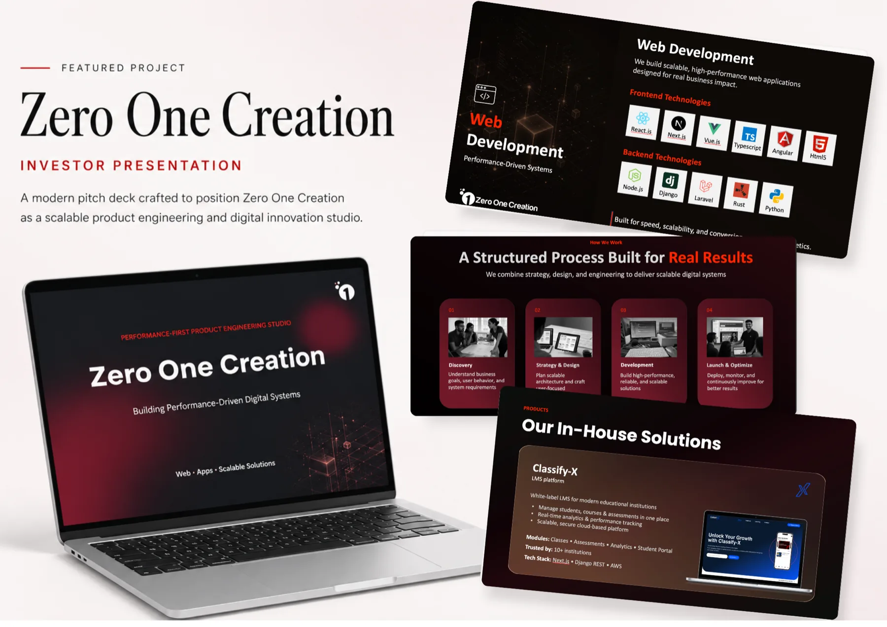 Zero One Creation presentation: title slide on a laptop beside capability, process and product slides in a dark red system.