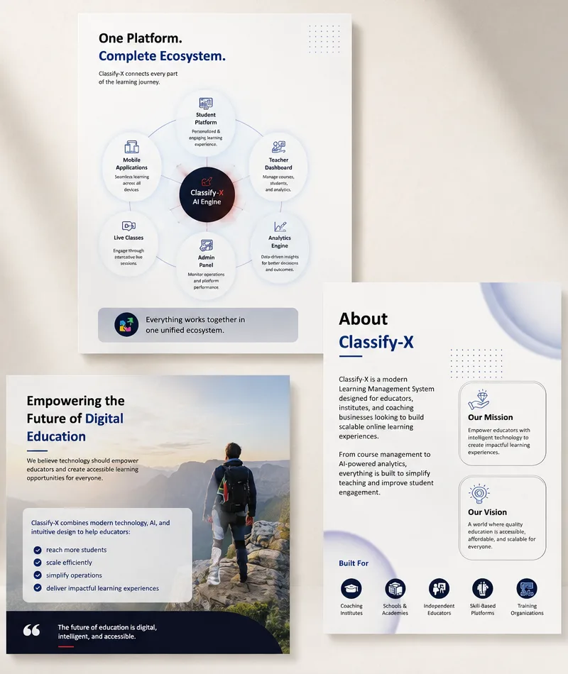 Three slides from the Classify-X investor deck: a platform ecosystem diagram, a vision slide and an about page.