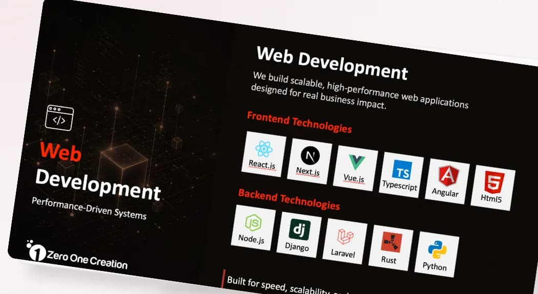 A capability slide from the Zero One Creation deck listing the studio's engineering stack.